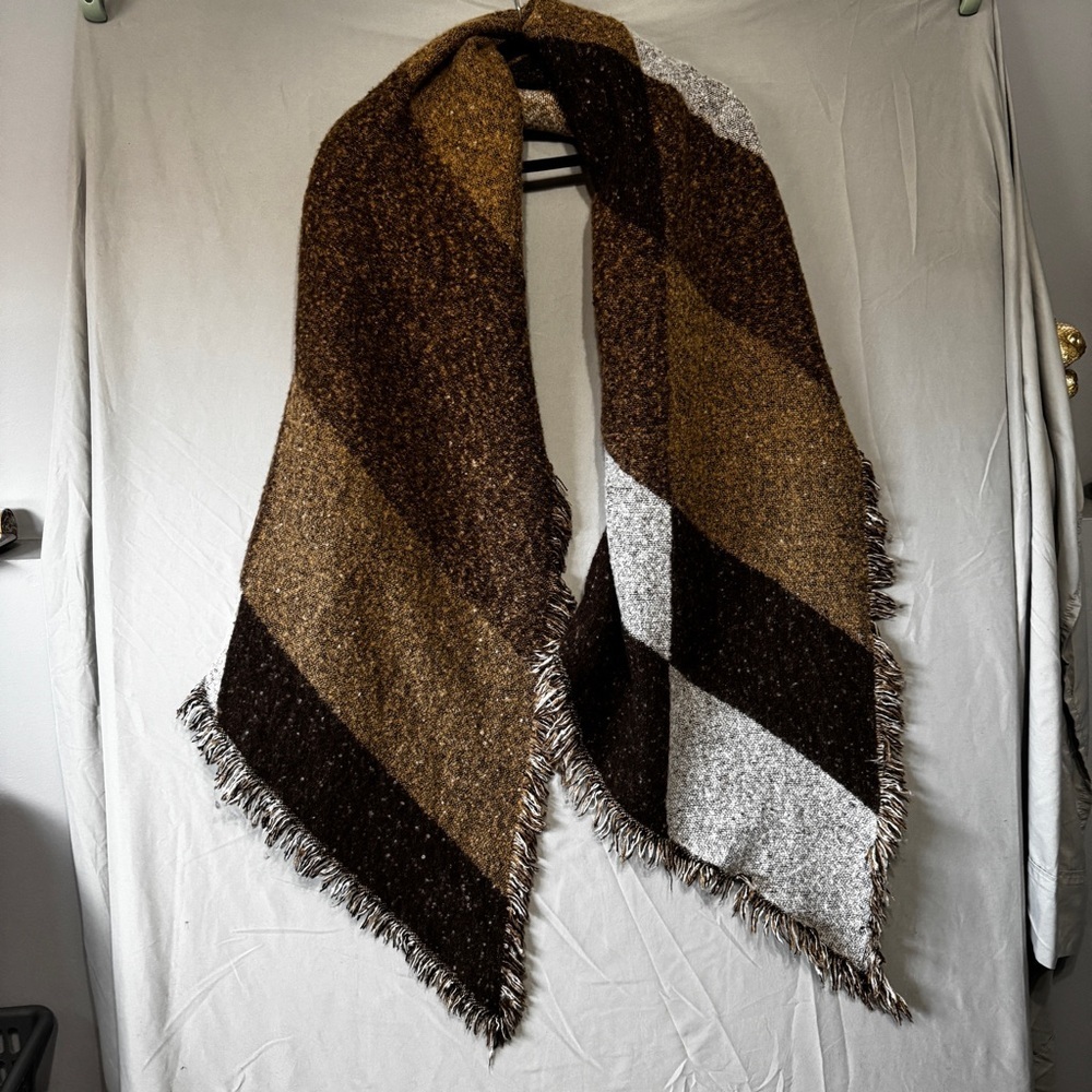 Womens Long Chunky Scarf Brown Grey Striped Soft Fringe Winter Shawl Office